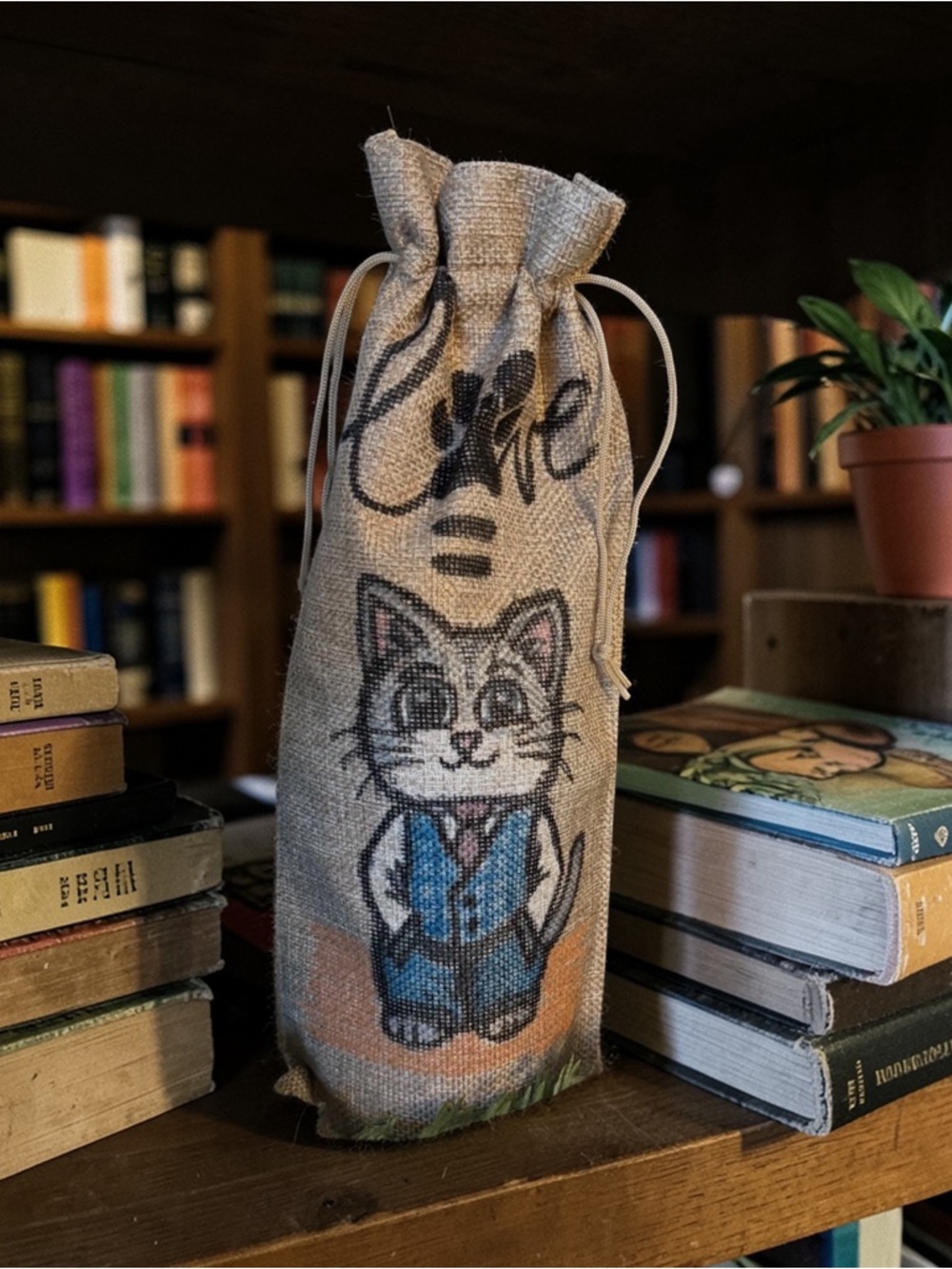 Natural Burlap Cat wine Bag - hand drawn Gray Cat Design. One-of-a-kind